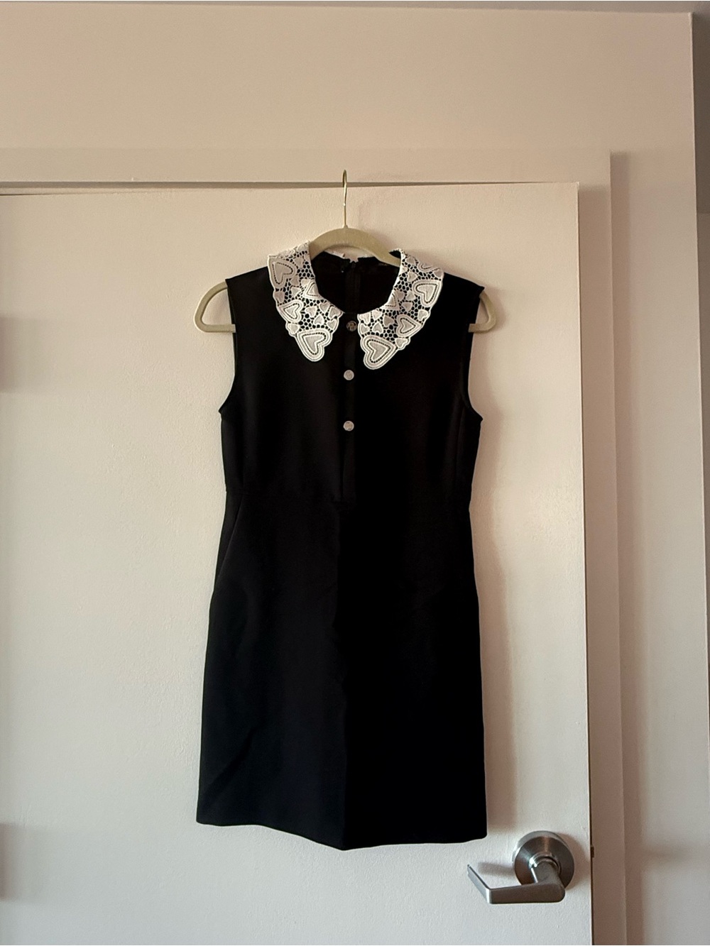 Maje Black Sleeveless Mini Dress with White Lace Collar